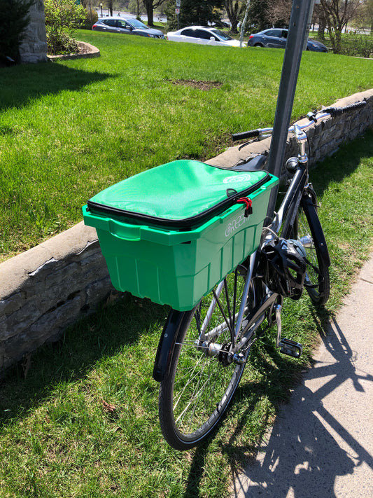 The Kool Bag Shopper and PC Green Box fixed to bicycle rack to make a great shopping system